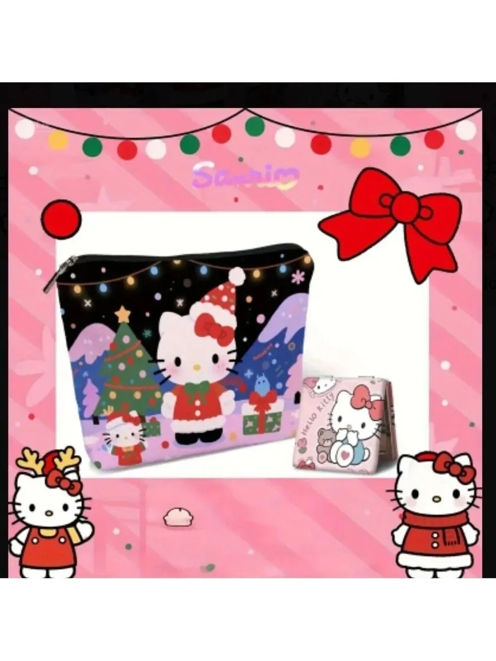 Hello Kitty Festive Cosmetics Pouch - Black, Red, Green